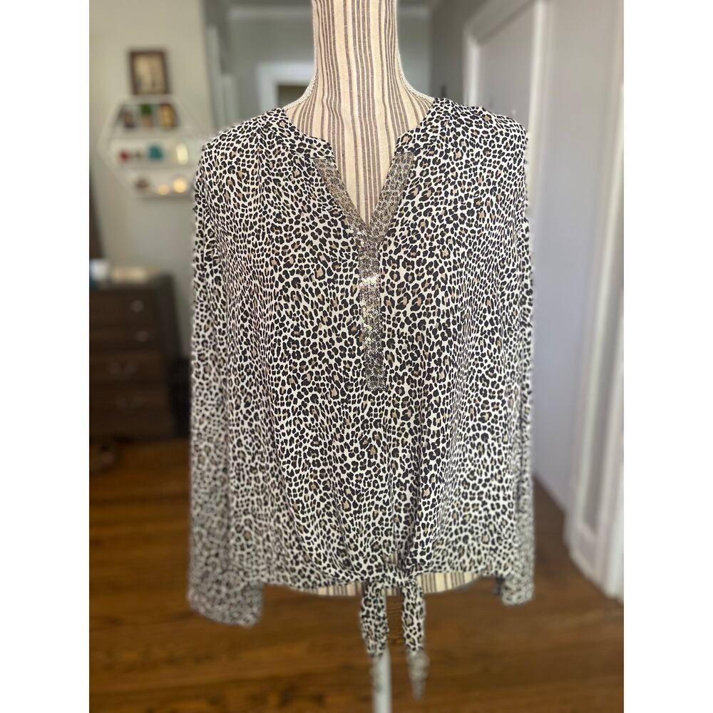 Chico’s animal print tie front long sleeve blouse with sequined front placket